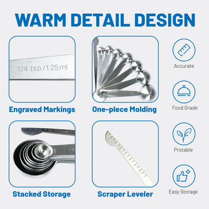 Stainless Steel Measuring Spoons Set of 8 with Leveler – Metal Teaspoon and Tablespoon Kitchen Gadgets for Baking and Cooking