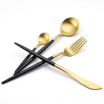 Black Porcelain Dinnerware Set with Gold Rim, Ceramic Plates, Bowls & Cutlery for Home & Restaurant Use