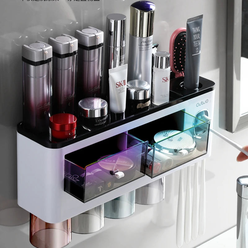 Bathroom Accessories Set with Automatic Toothpaste Dispenser, Magnetic Inverted Toothbrush Holder & Storage Rack