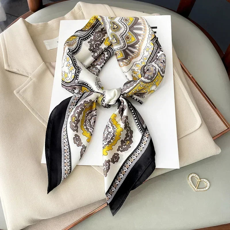 Luxury Printed Silk-Style Square Scarf for Women, Soft Satin Neckerchief Headband and Hair Ribbon, Fashion Hijab and Bag Accessory for Office and Daily Wear