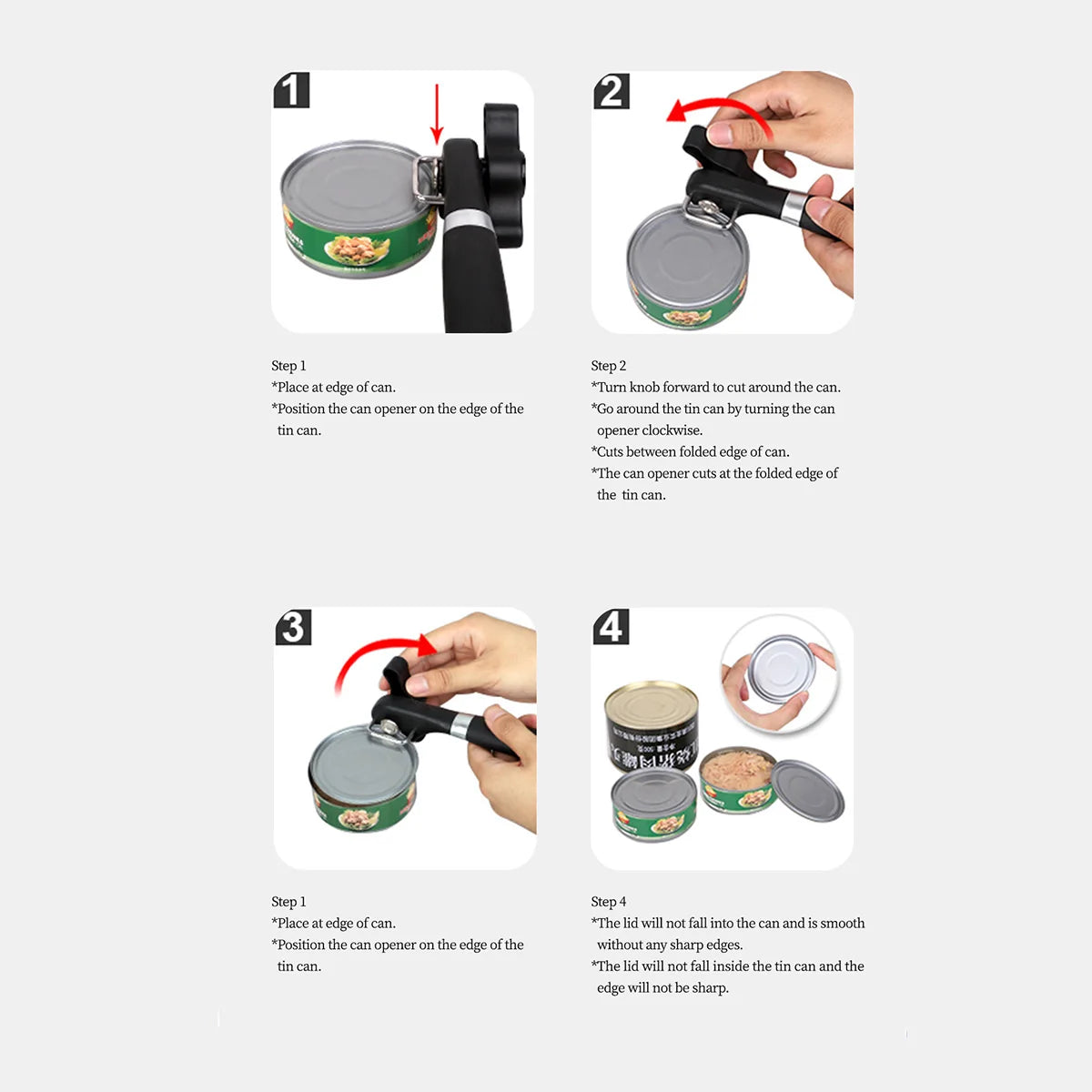 Plastic Hand-Actuated Can Opener – Safety Side-Cut Manual Can Opener with Easy Grip Handle