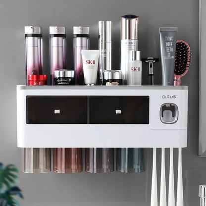 Bathroom Accessories Set with Automatic Toothpaste Dispenser, Magnetic Inverted Toothbrush Holder & Storage Rack