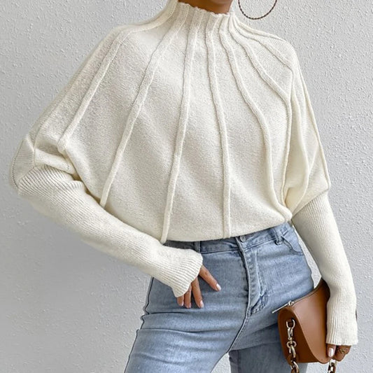 Women's Knitted Half-High Collar Sweater Batwing Sleeve Thickened Winter Style Pure Color  Sweaters Female