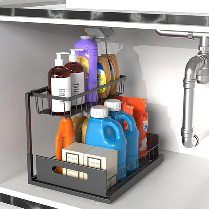 2-Tier Sliding Under Sink Organizer – Rustproof Metal Storage Rack for Kitchen & Bathroom Cabinets