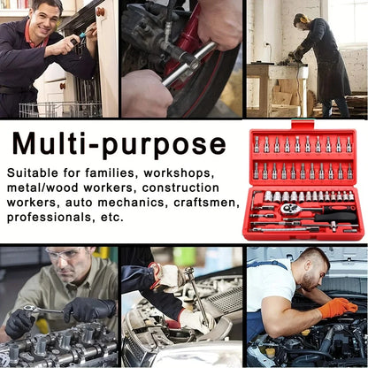 46-Piece Auto Repair Tool Kit, Combination Ratchet Wrench and Socket Set for Car Maintenance with Toolbox