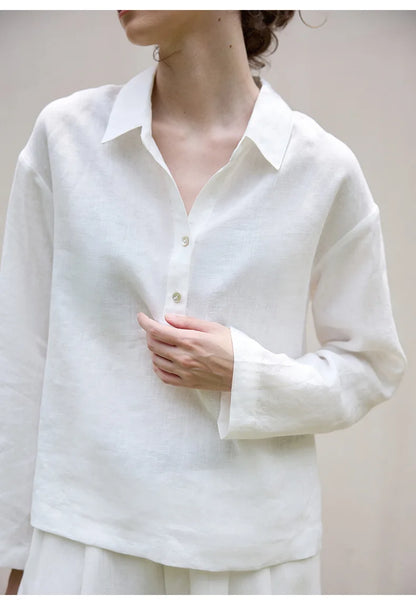 Women’s 100% Linen Half-Button V-Neck Shirt, Long Sleeve Turn-Down Collar Casual Retro Blouse for Spring and Daily Wear
