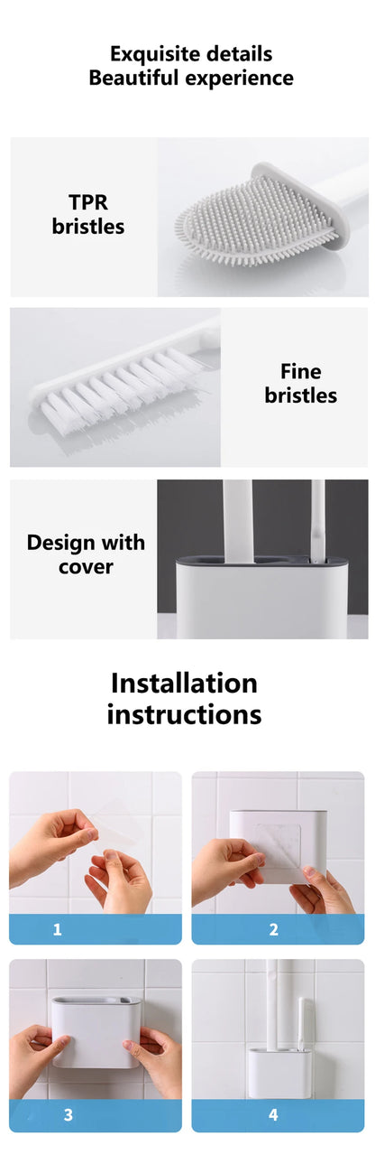 Wall Hanging Toilet Brush with Holder – Long Handled Silicone Toilet Brush with Soft Bristles WC Cleaning Brush Bathroom Accessory