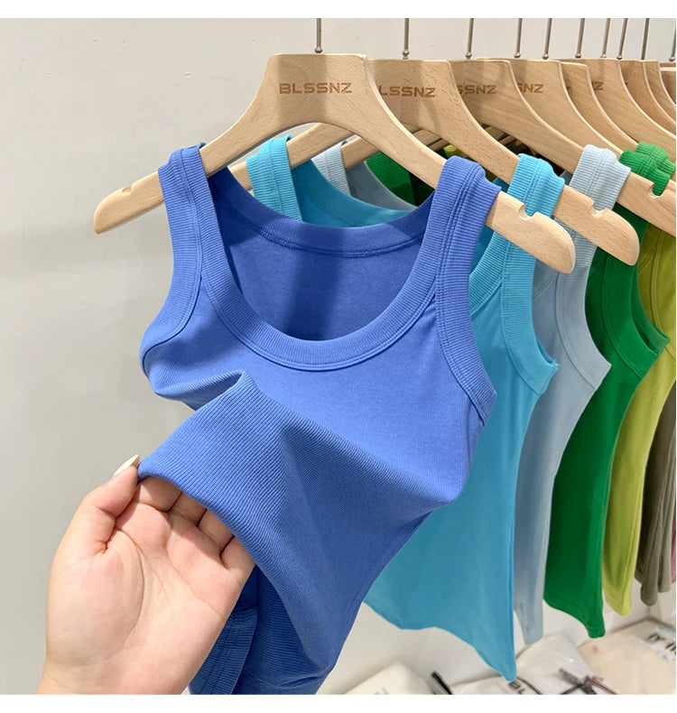 Women’s Ribbed Cotton Tank Top Solid Color Round Neck Camisole, High Stretch Summer Basic O-Neck Sleeveless Casual Top