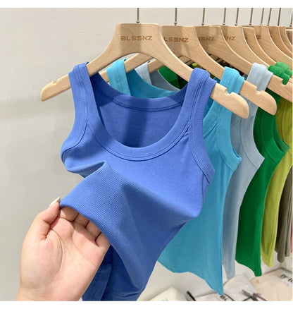 Women’s Ribbed Cotton Tank Top Solid Color Round Neck Camisole, High Stretch Summer Basic O-Neck Sleeveless Casual Top