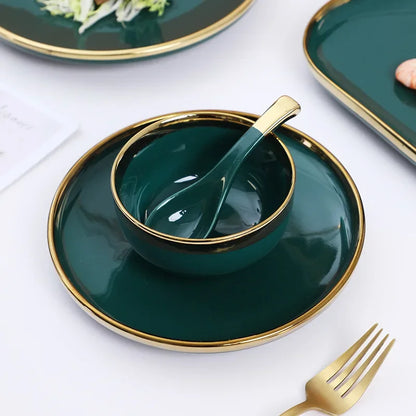 Luxury Green Ceramic Dinnerware Set with Gold Rim, Porcelain Plates & Bowls for Dessert, Salad & Soup