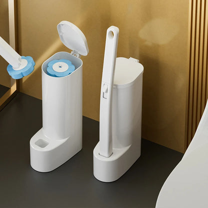 White Disposable Toilet Brush Cleaner with Long Handle, Replaceable Brush Head Bathroom Cleaning Accessory