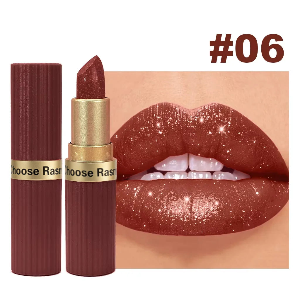 CHOOSE RASME Pearlescent Pink Glitter Velvet Lipstick, Metallic Matte Shimmer Waterproof Long-Lasting Moisturizing Diamond Lipstick, 3.5g