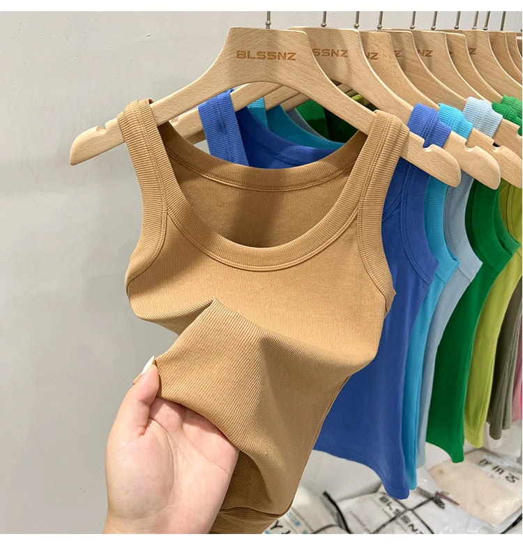 Women’s Ribbed Cotton Tank Top Solid Color Round Neck Camisole, High Stretch Summer Basic O-Neck Sleeveless Casual Top