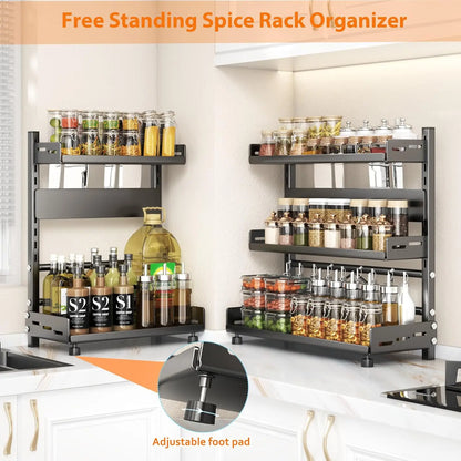 3-Tier Spice Storage Rack for Countertop, Adjustable Metal Kitchen Organizer Shelf for Cabinet & Pantry – Black