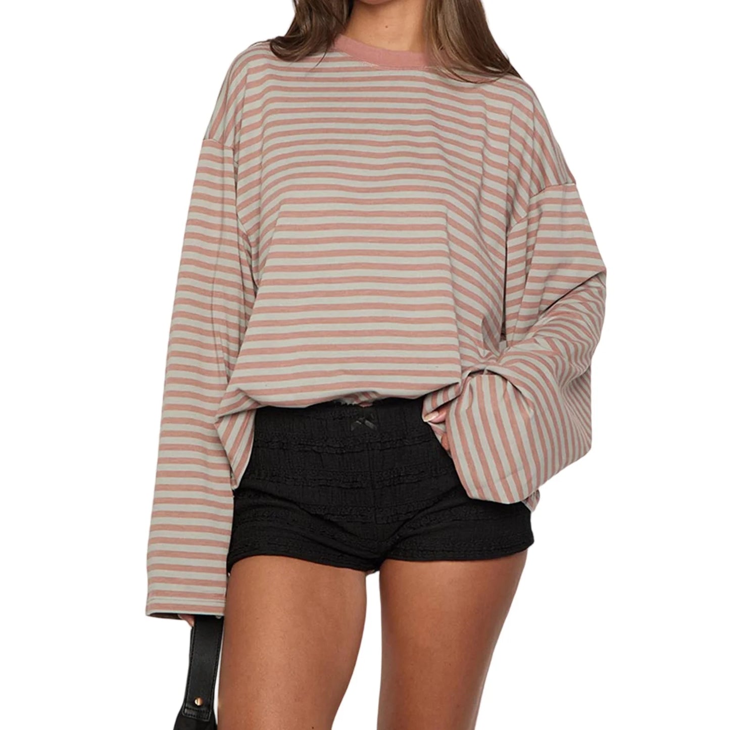Women’s Retro Striped Long Sleeve T-Shirt, Loose Fit Crew Neck Casual Top, Vintage Streetwear Fall Pullover Tee for Ladies