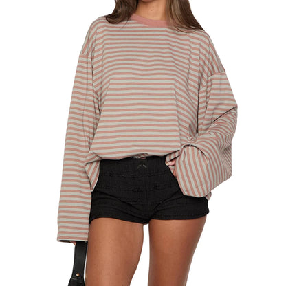 Women’s Retro Striped Long Sleeve T-Shirt, Loose Fit Crew Neck Casual Top, Vintage Streetwear Fall Pullover Tee for Ladies