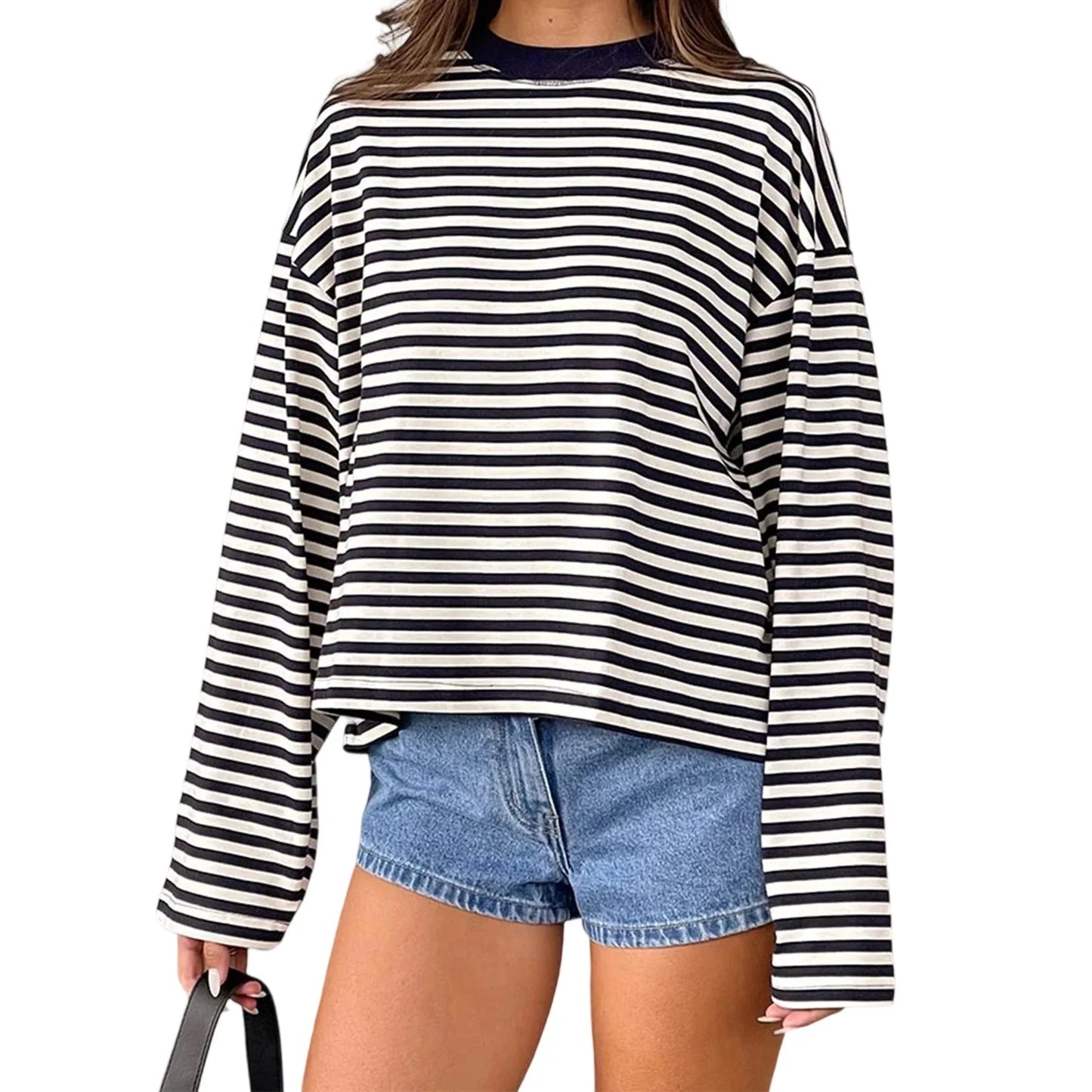 Women’s Retro Striped Long Sleeve T-Shirt, Loose Fit Crew Neck Casual Top, Vintage Streetwear Fall Pullover Tee for Ladies
