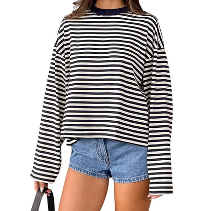 Women’s Retro Striped Long Sleeve T-Shirt, Loose Fit Crew Neck Casual Top, Vintage Streetwear Fall Pullover Tee for Ladies