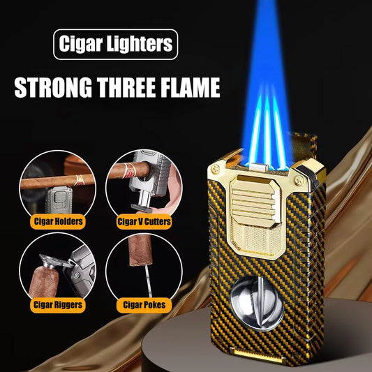 Strong Three Flame Cigar Lighter Multi-function V-shaped Cigar Cutter Bottom Cigar Drill Cigar Thru Needle Visual Gas Window