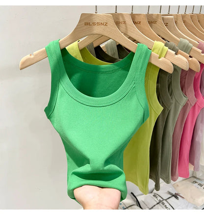 Women’s Ribbed Cotton Tank Top Solid Color Round Neck Camisole, High Stretch Summer Basic O-Neck Sleeveless Casual Top