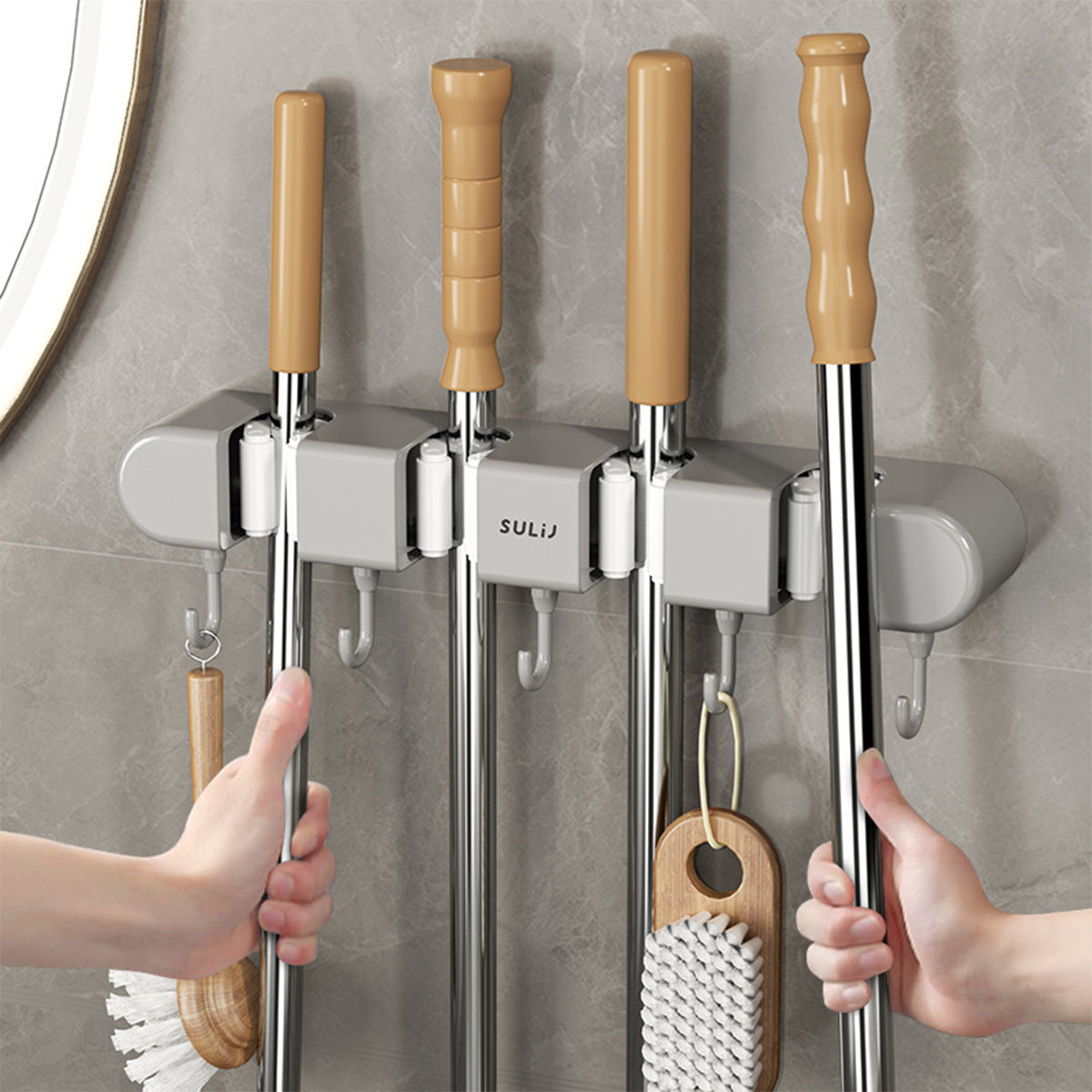 Wall Mounted Broom & Mop Holder with Hooks – No-Drill Self-Adhesive Storage Rack for Kitchen & Home