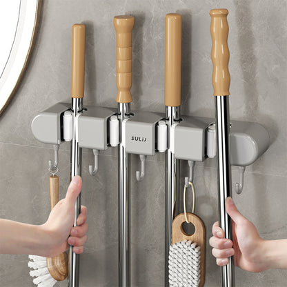 Wall Mounted Broom & Mop Holder with Hooks – No-Drill Self-Adhesive Storage Rack for Kitchen & Home