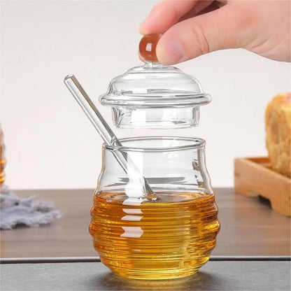 Transparent Honey Pot with Dipper and Lid – Honeycomb Design Honey Tank Kitchen Honey Bottle