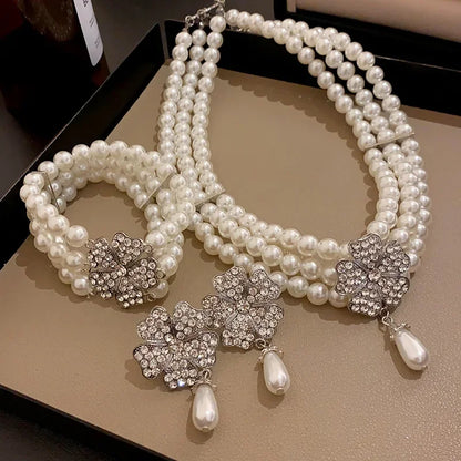 Flower Party Jewelry Set for Women with Imitation Pearl Multi-Layer Necklace, Rhinestone Bracelet and Earrings, French Luxury Shiny Accessory Set for Weddings and Events