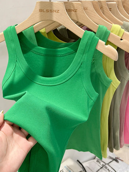Women’s Ribbed Cotton Tank Top Solid Color Round Neck Camisole, High Stretch Summer Basic O-Neck Sleeveless Casual Top