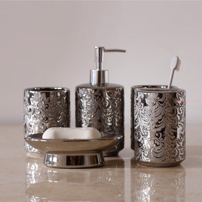 Silver Ceramic 5-Piece Bathroom Accessory Set, Soap Dispenser, Gargle Cup, Soap Dish & Toothbrush Holder Toiletry Set
