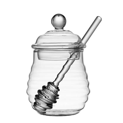 Transparent Honey Pot with Dipper and Lid – Honeycomb Design Honey Tank Kitchen Honey Bottle