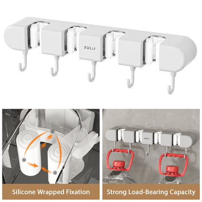 Wall Mounted Broom & Mop Holder with Hooks – No-Drill Self-Adhesive Storage Rack for Kitchen & Home