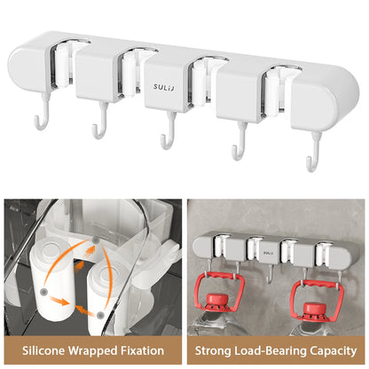 Wall Mounted Broom & Mop Holder with Hooks – No-Drill Self-Adhesive Storage Rack for Kitchen & Home