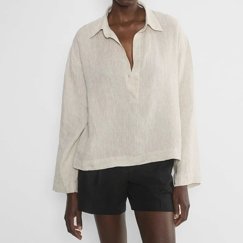 Women’s 100% Linen Half-Button V-Neck Shirt, Long Sleeve Turn-Down Collar Casual Retro Blouse for Spring and Daily Wear