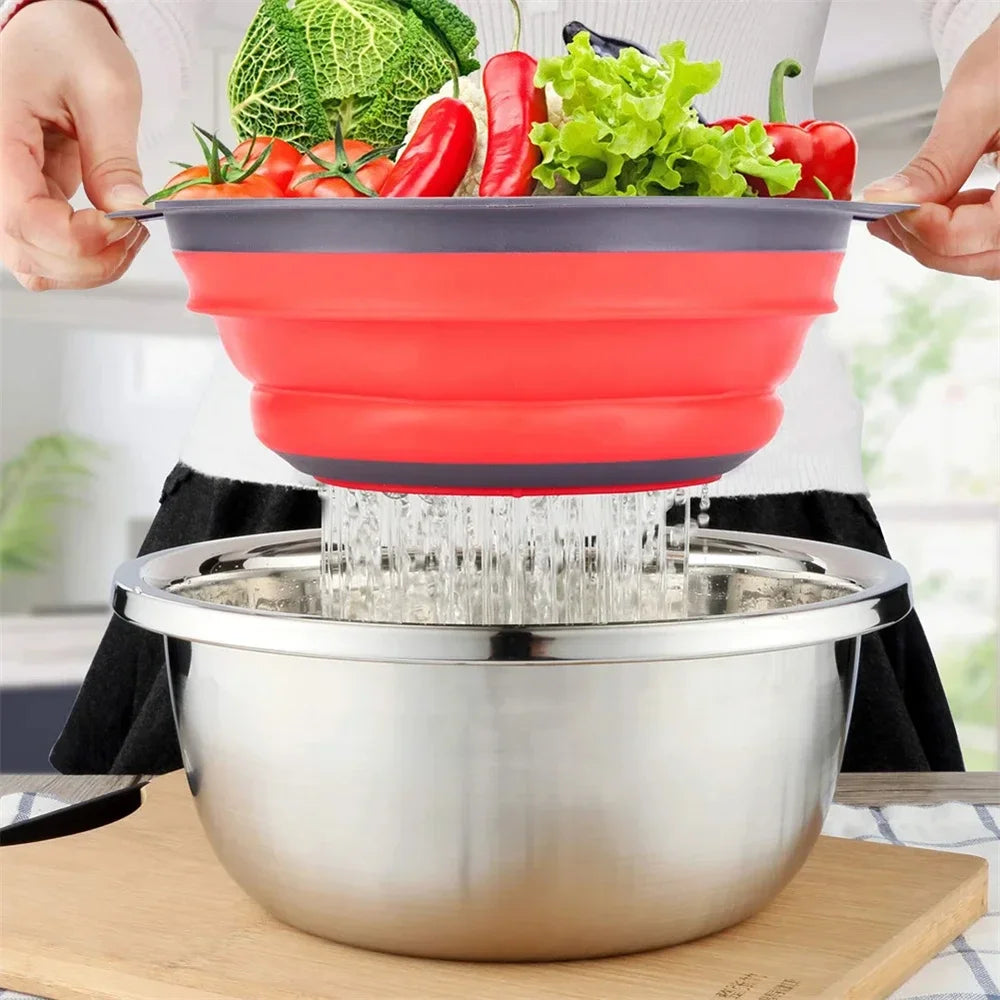 Collapsible Silicone Colander Strainer Basket, Foldable Vegetable and Fruit Washing & Draining Basket Kitchen Gadget