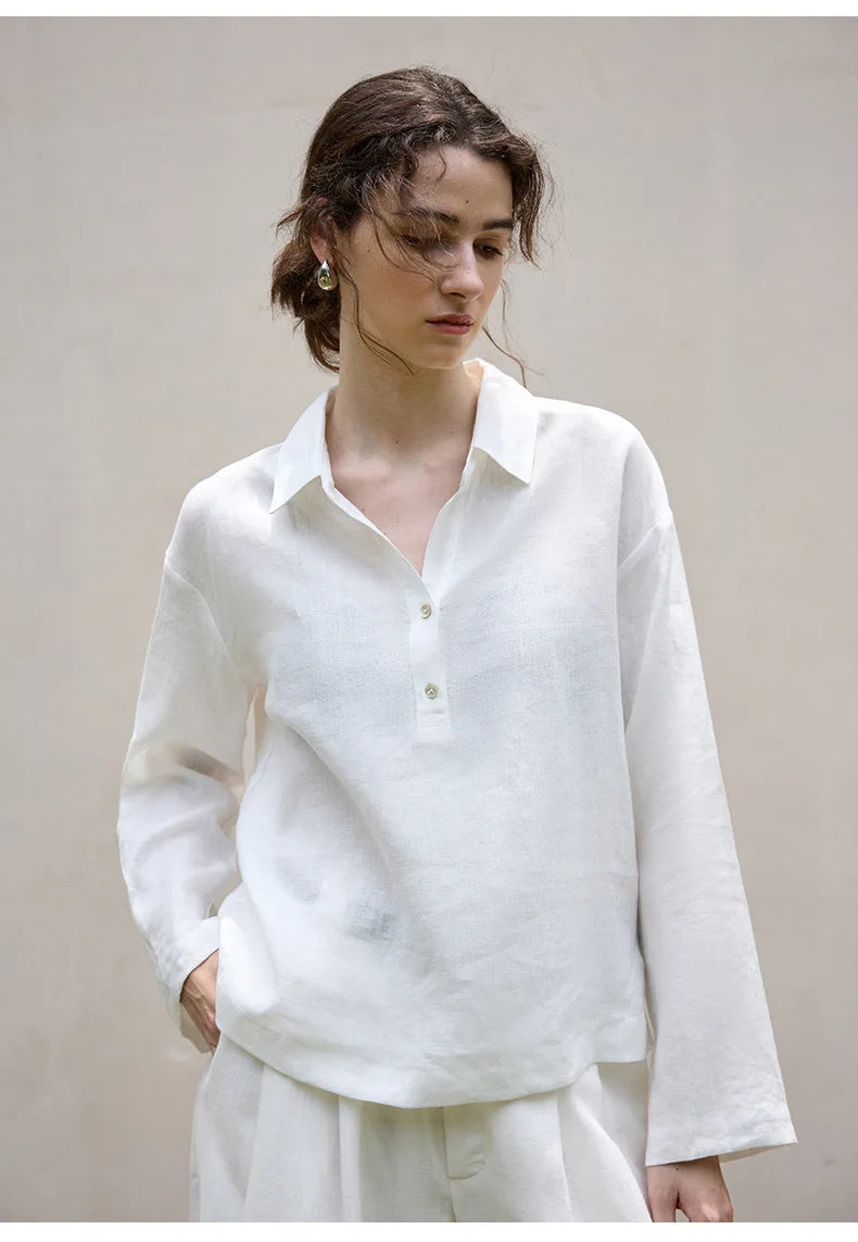 Women’s 100% Linen Half-Button V-Neck Shirt, Long Sleeve Turn-Down Collar Casual Retro Blouse for Spring and Daily Wear