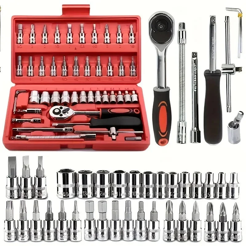46-Piece Auto Repair Tool Kit, Combination Ratchet Wrench and Socket Set for Car Maintenance with Toolbox
