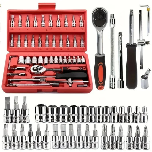 46-Piece Auto Repair Tool Kit, Combination Ratchet Wrench and Socket Set for Car Maintenance with Toolbox