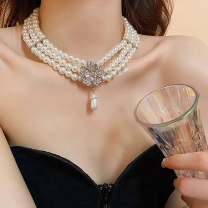 Flower Party Jewelry Set for Women with Imitation Pearl Multi-Layer Necklace, Rhinestone Bracelet and Earrings, French Luxury Shiny Accessory Set for Weddings and Events