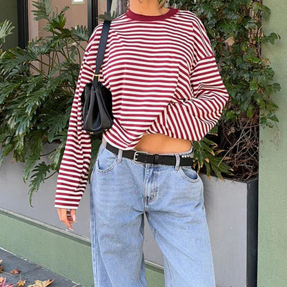 Women’s Retro Striped Long Sleeve T-Shirt, Loose Fit Crew Neck Casual Top, Vintage Streetwear Fall Pullover Tee for Ladies
