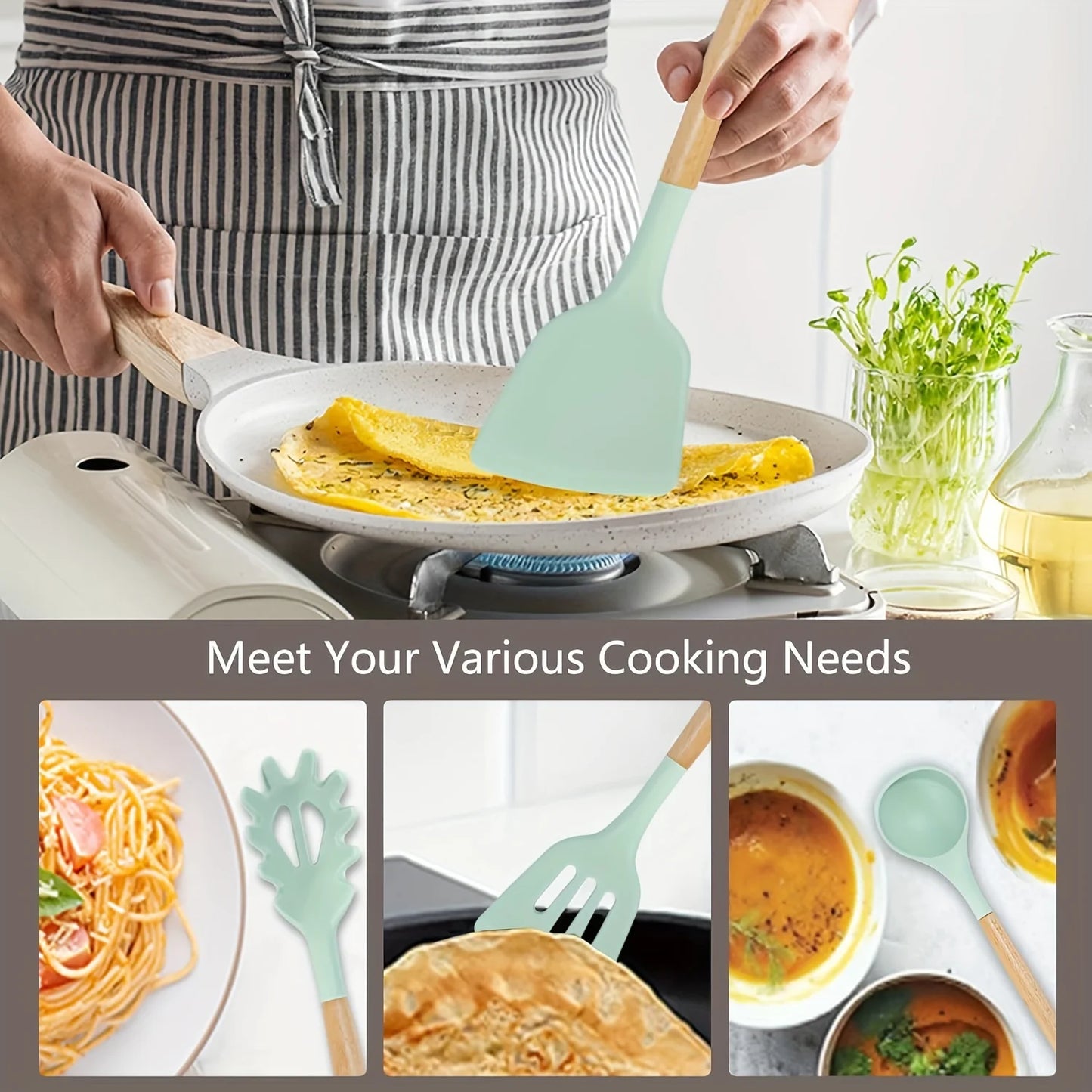 12-Piece Silicone Kitchen Utensil Set with Storage Block, Non-Scratch Cooking Tools & Spatulas