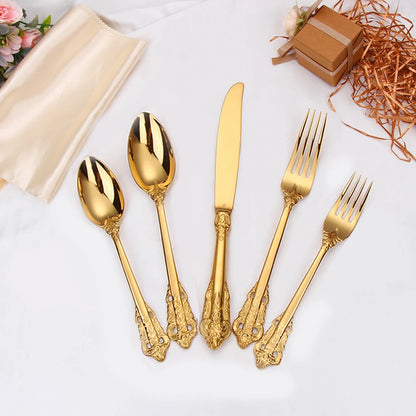 20/30PCS Luxury Gold & Silver Cutlery Set, Vintage Stainless Steel Flatware with Engraved Forks, Spoons & Knives