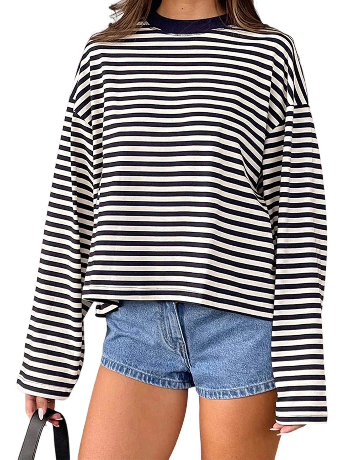 Women’s Retro Striped Long Sleeve T-Shirt, Loose Fit Crew Neck Casual Top, Vintage Streetwear Fall Pullover Tee for Ladies