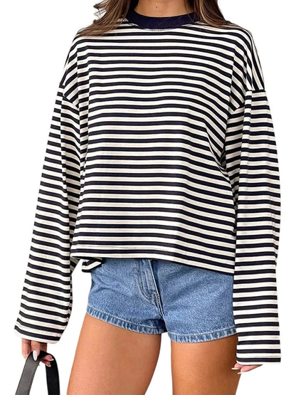 Women’s Retro Striped Long Sleeve T-Shirt, Loose Fit Crew Neck Casual Top, Vintage Streetwear Fall Pullover Tee for Ladies