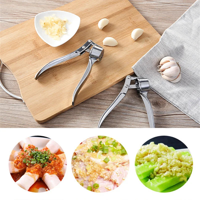 Stainless Steel Garlic Press Crusher & Mincer, Manual Garlic Smasher Squeezer Kitchen Grinding Tool