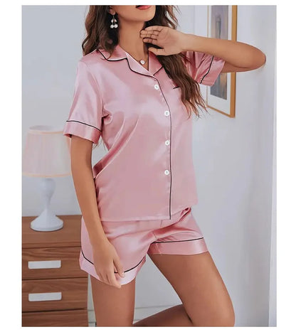 Women’s Satin Pajama Set Button-Down Sleepwear with Short Sleeve Top and Shorts, 2-Piece Summer Loungewear Nightwear Set