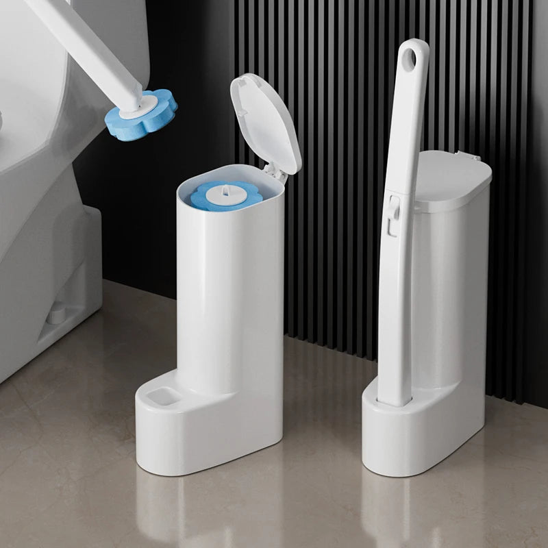 White Disposable Toilet Brush Cleaner with Long Handle, Replaceable Brush Head Bathroom Cleaning Accessory