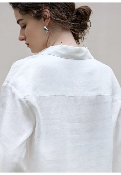 Women’s 100% Linen Half-Button V-Neck Shirt, Long Sleeve Turn-Down Collar Casual Retro Blouse for Spring and Daily Wear