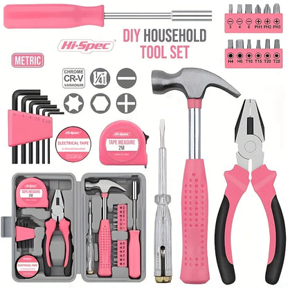 24-Piece Pink Tool Kit for Women, Mini Home Toolbox Set with Hammer, Pliers, Wrench and Screwdriver