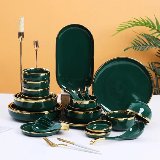 Luxury Green Ceramic Dinnerware Set with Gold Rim, Porcelain Plates & Bowls for Dessert, Salad & Soup